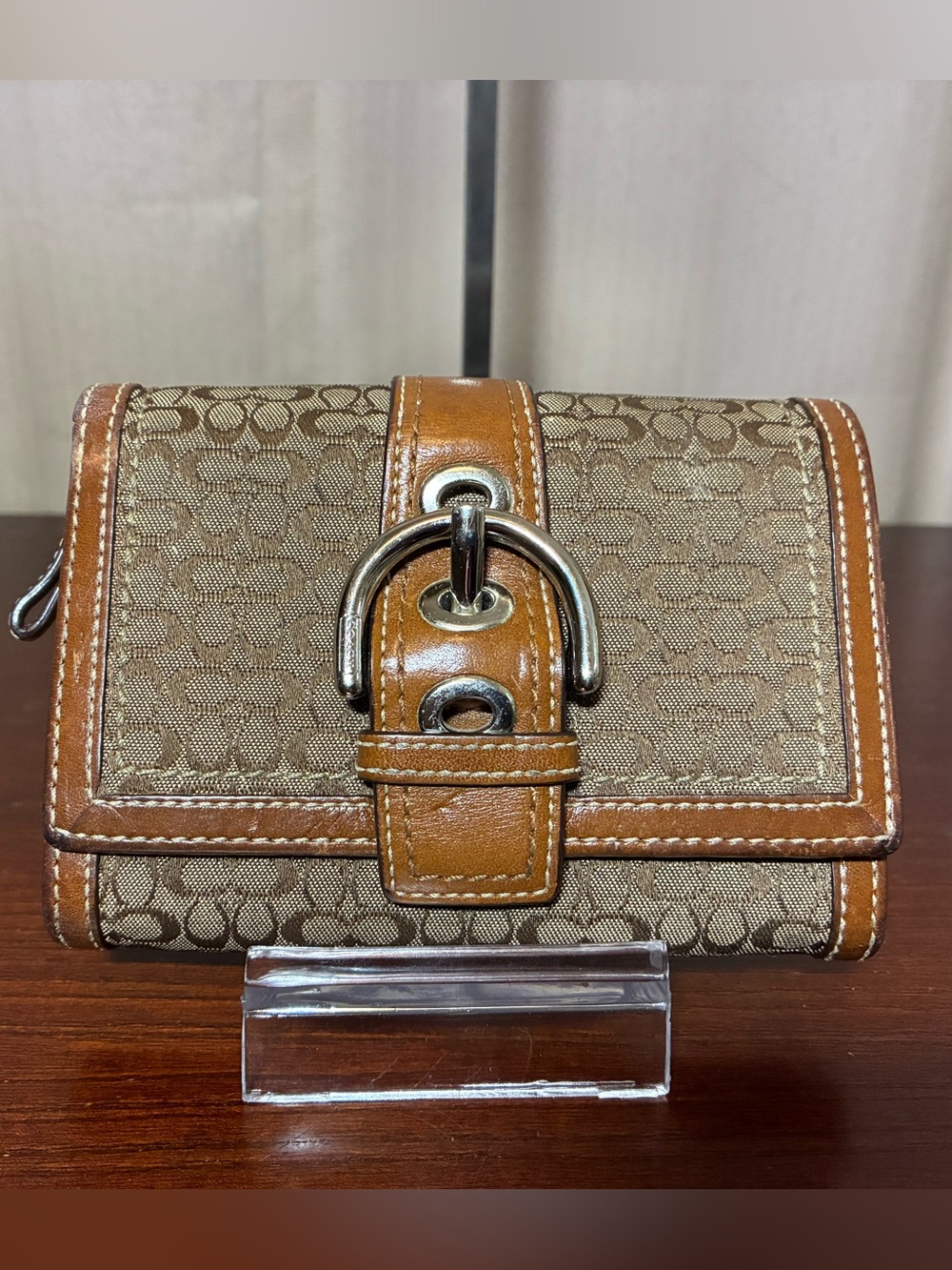 Coach Brown Logo Canvas Wallet with Tan Leather Trim
